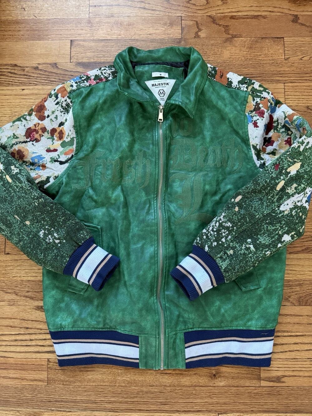 Majestik Mens Tapestry Floral Faux Leather Bomber Jacket M Green Fresh To Death